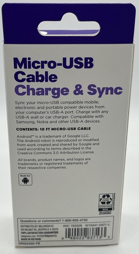 Micro-USB Braided Charge & Sync Cable 10' Samsung Android & USB-A - Picture 3 of 9