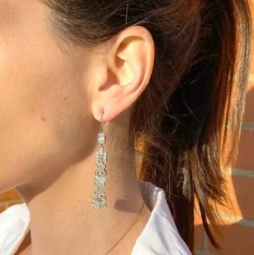 Orecchini Pendenti Donna Diamante Simulati Taglio Rotondo 3,00 Ct in Argento 925 - Foto 5 di 6