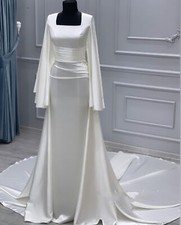 Square Neck Simple Muslim Wedding Dresses Trumpet Court Train Satin Bridal Gowns