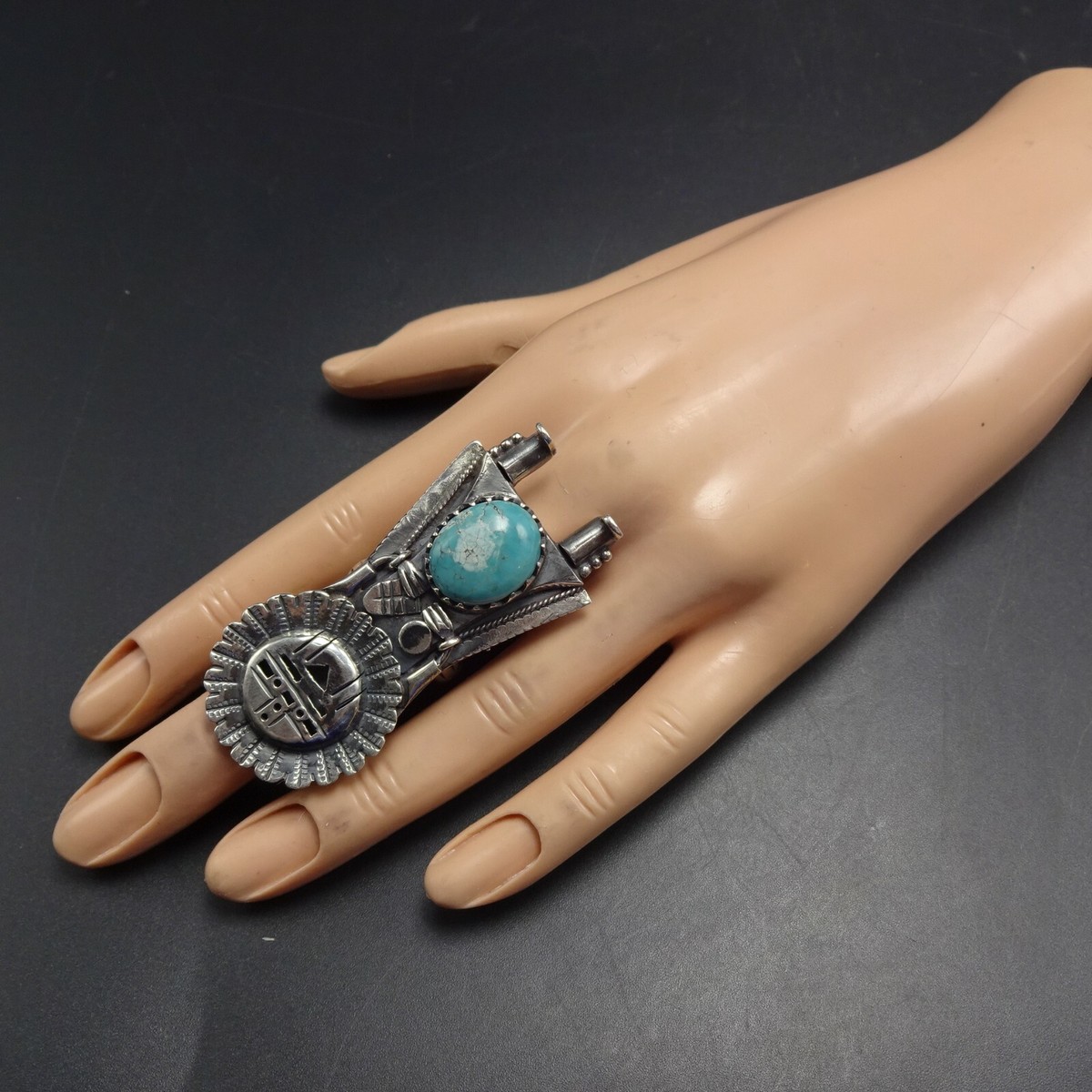Big 31g Vintage Sterling Silver TURQUOISE Sun Face Kachina RING