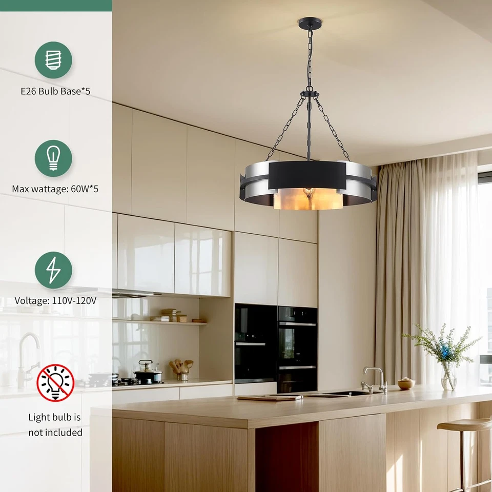 Lámpara de araña de tambor moderna, lámpara industrial de 26 pulgadas 5 luces níquel y negro Foto 2 de 4