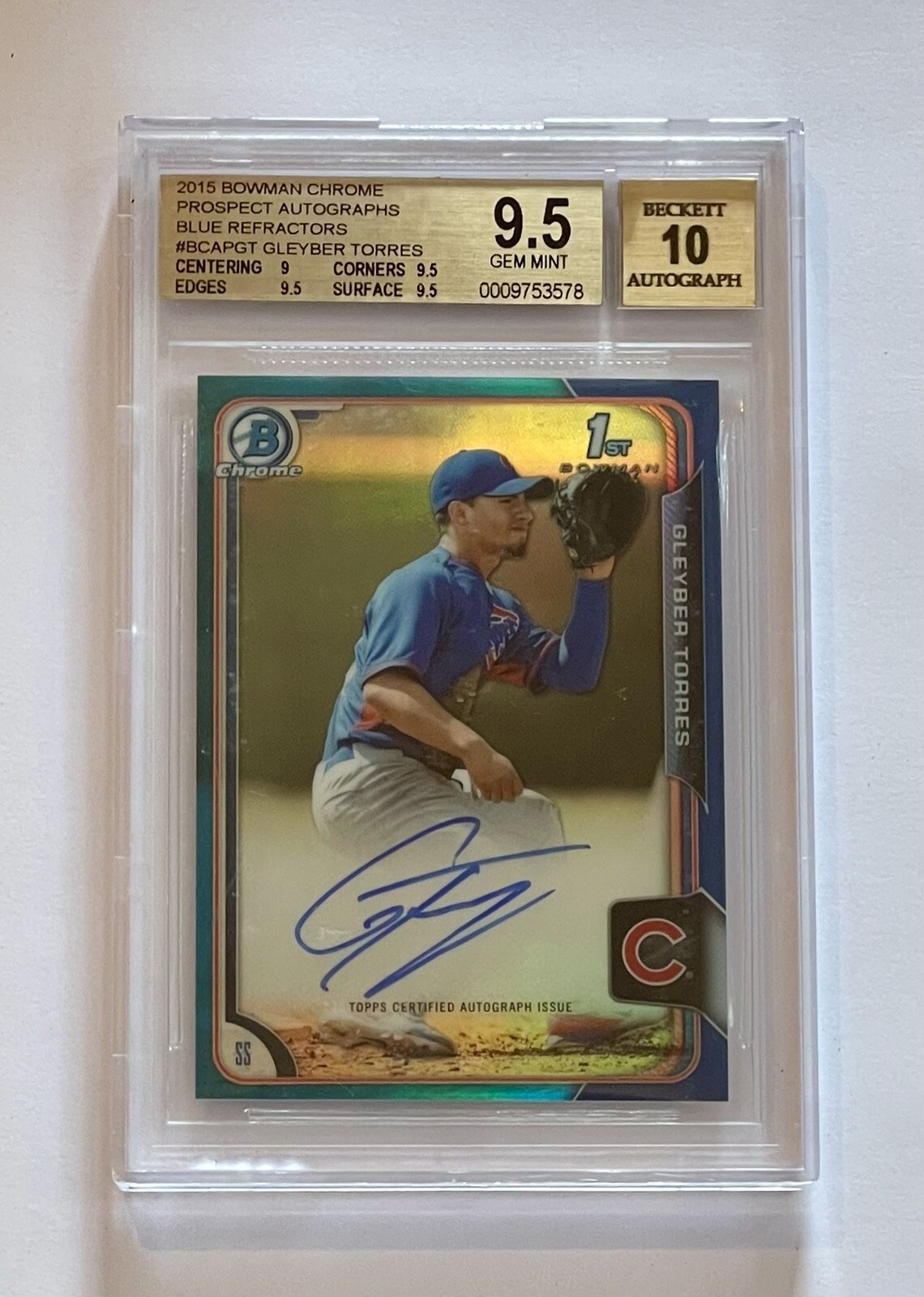 GLEYBER TORRES 2015 BOWMAN CHROME AUTO BLUE REFRACTOR #/150 BGS 9.5/10 GEM MINT