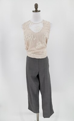 Brunello Cucinelli Womens Ivory Gray Lace Cropped Pleated Business Jumpsuit Sz L