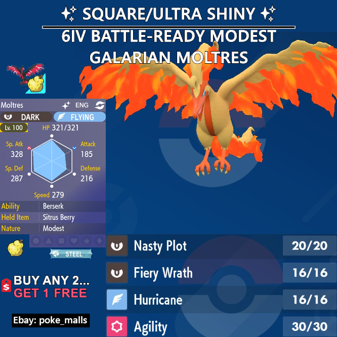 SHINY MOLTRES ✨ BATTLE READY / UNTOUCHED ⚡ 6IV + EV ⚡ Pokemon