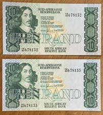 SOUTH AFRICA 2 x 10 RAND 1990 - 1993 CONSECUTIVE SERIAL NUMBERS CRISP UNC!!