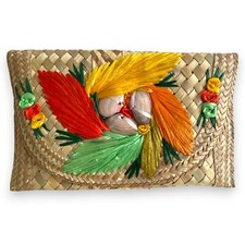 Vintage Woven Straw Rattan Clutch Bag with Shells / Island Style EXCELLENT 