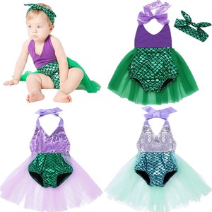 Baby Girls Mermaid Costume Romper Bodysuit Shiny Jumpsuit Headband Party Outfits