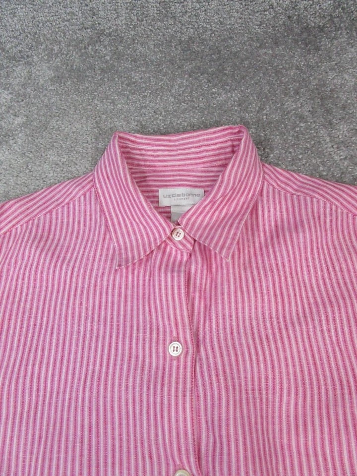 Liz ClaIborne 衬衫女式中号粉色白色亚麻纽扣 * — 第 2/4 张图片