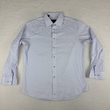 David Donahue Dress Shirt Mens 17 34/35 Blue White Luxury Non Iron Trim Fit