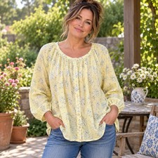 Chaps Peasant Blouse Cotton Gauze Blouse Floral Yellow Blue Smocked Neck Top 2XL