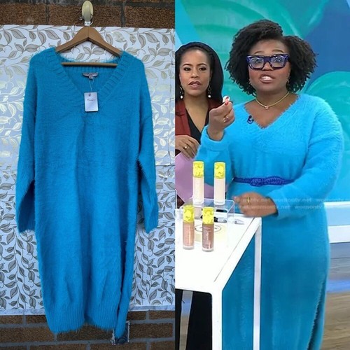 Hanifa Zina Blue Fuzzy Eyelash Knit Maxi Dress XL V-Neck Slit Luxury Core