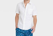 SHORT SLEEVE White Cotton Blend Shirt SLIM Bu...