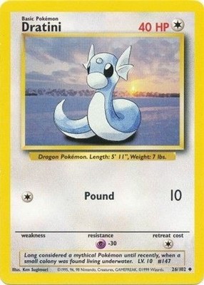 1999 Pokemon: Base Set - Dratini (#026/102, Uncommon, Moderately Played)