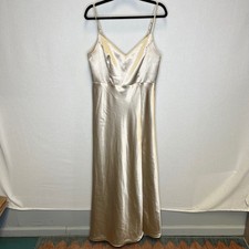 Birdy Grey Champagne Gold Satin V-Neck Spaghetti Strap Maxi Dress Slit Large