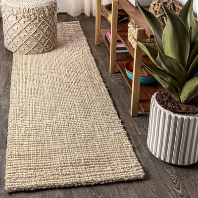 Hiro Hand Woven Chunky Jute Ivory Runner Rug, 2x10, Bohemian, Transitional, E...