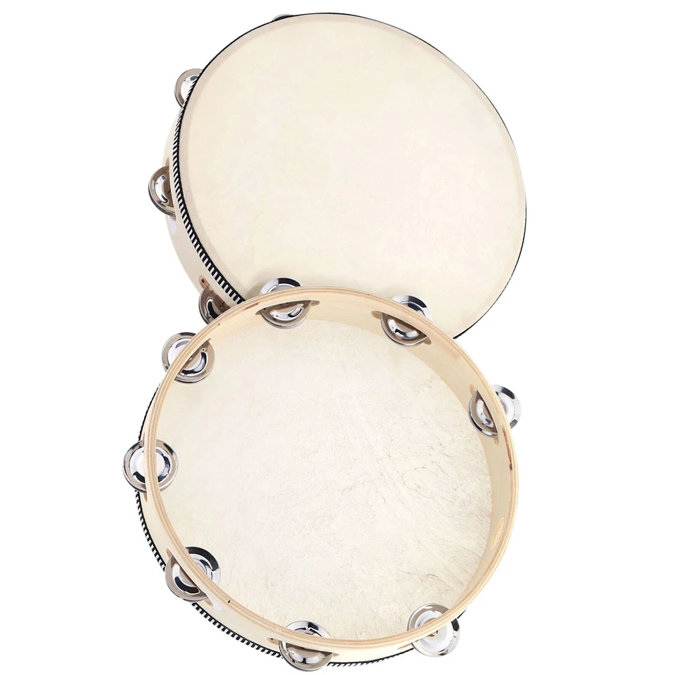10" Musical Tambourine Wood Hand Held Tamborine Drum Round Percussion Gift - Image 4 of 4
