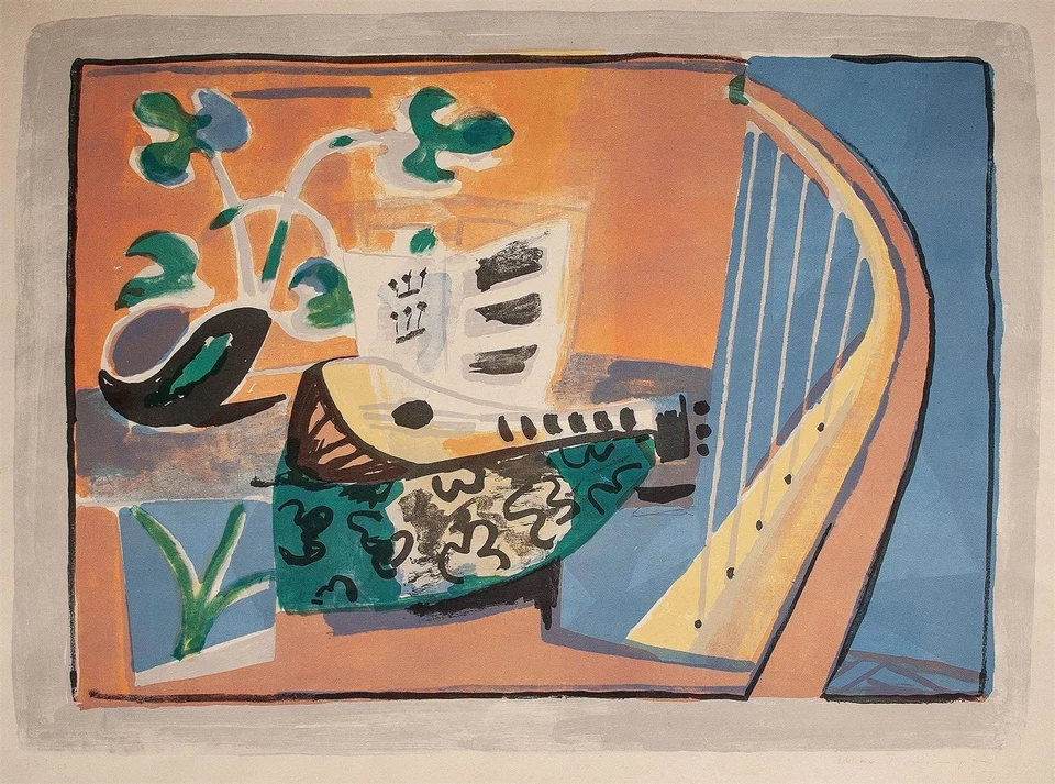 Max Trunninger Stillleben mit Laute Kubismus sign Farblithografie 73/110 groß - Bild 3 von 3