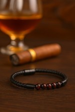 Men's Black Braided Leather Bracelet With Brown Stone Beads Magnetic Clasp