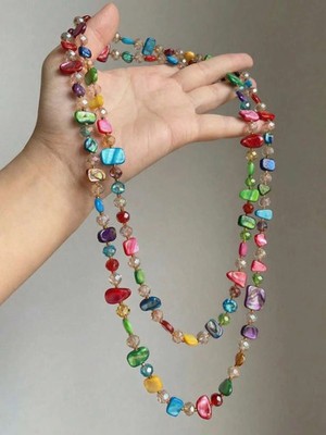 1pc Vintage Boho Colorful Shell Beaded Double Layer Long Necklace Women