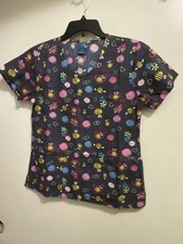 Zoe  Chloe Womens Scrubs Scrub Top Shirt S Bust 38  Dark Gray Bees Hearts Bee