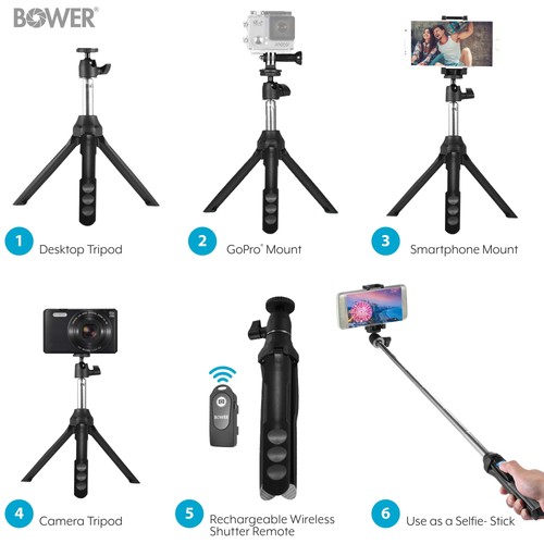 Bower 6-In-1 Multi Selfie Tripod w/ Rechargeable Smartphone & Gopro Mount -Black - 第 7/12 張圖片