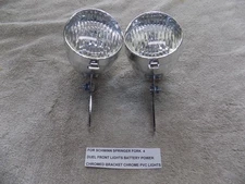 SCHWINN SPRINGER FORK DUEL FRONT LIGHTS CHROMED BRACKET & LED LIGHTS BATTERY #54