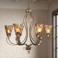 Amber Scroll Bronze Chandelier 31 1/2" Wide Art Glass 6-Light Fixture Kitchen