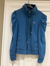 ladies Adidas super soft blue zip up jacket top size UK 10 puff sleeves gym yoga
