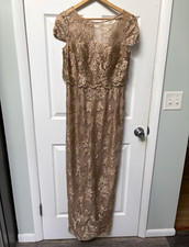 Adrianna Papell Gold Floral Lace Embroidered V-Neck Lined Long Gown Dress 4