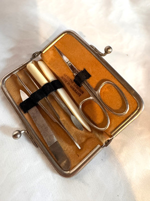 Vintage Germany 5 Piece Suede Leather Floral Embroidered Manicure Set