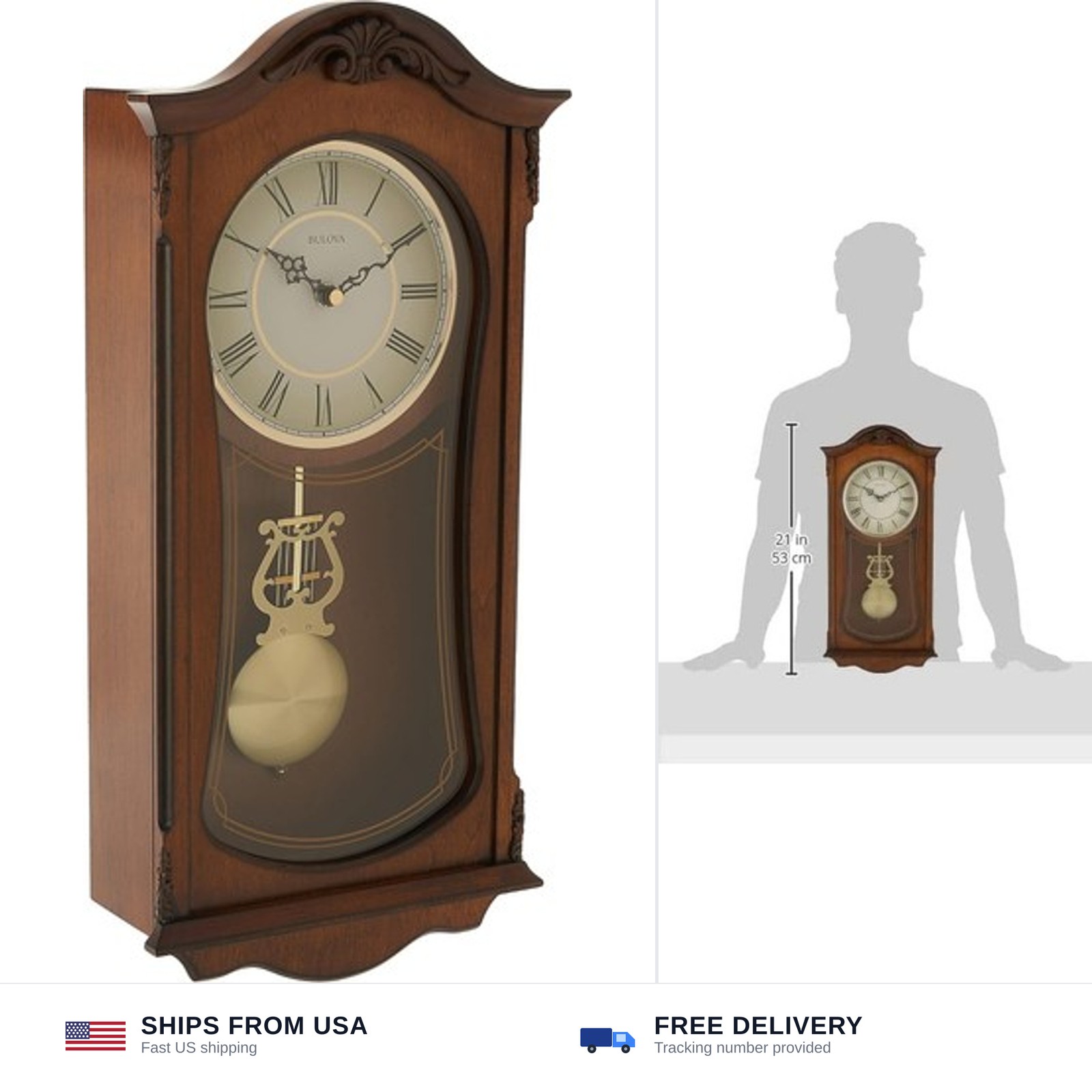 Bulova Clocks C3542 Cranbrook Wall Mount Analog Wooden Chiming Clock, Brown