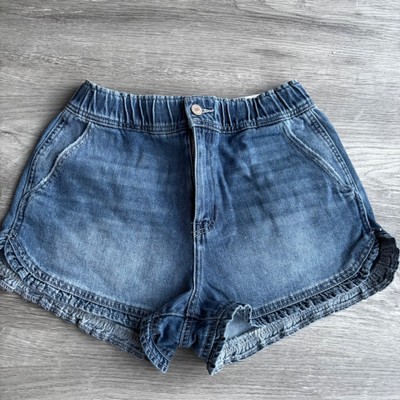 KanCan Denim Shorts Ruffled Hem Elastic Waist Distressed Blue Size M NWT