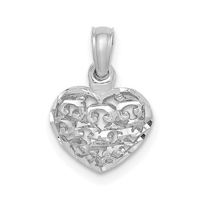 14k Weißgold 3-D und Diamantschliff Mini gepufftes Herz Anhänger