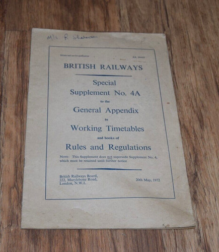 British Railways Special Supplement 1972 4A Working Timetables Rules Regulations