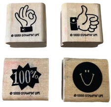 Lot Of Stampin' Up Wood Mounted Rubber Stamp Thumbs Up, Ok, Smiley Face, 100%