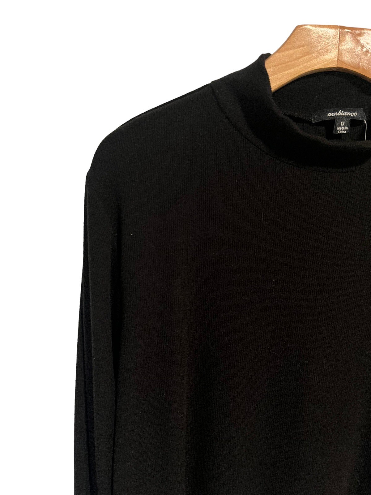 Ambiance Shirt Womens 1X Black Long Sleeve High Neck Ribbed Stretch Top NEW