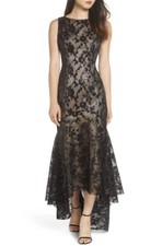 Eliza J NEW Sequin And Lace High/Low Trumpet Gown In Black/Nude Size 12