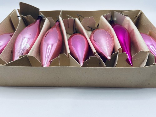VTG Pink Mercury Glass Teardrop Torpedo Christmas Tree Ornaments Original Box - Picture 7 of 16