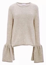 Co Cashmere Blend Bell Cuff Oatmeal Beige Cozy Knit Sweater, Sz S
