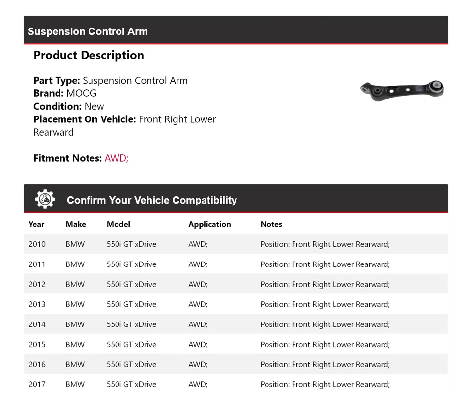 For 2010-2017 BMW 550i GT xDrive Suspension Control Arm MOOG 2010 2011 2012 2013 - Image 2 of 4