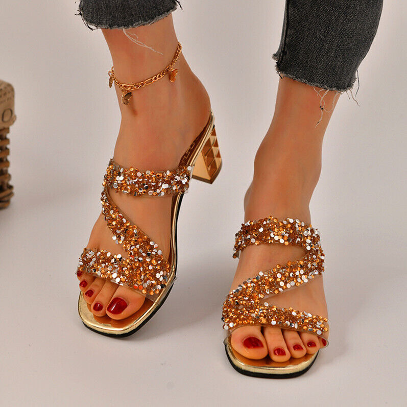 PANTOFOLA D’ORO Pantofole donna estate punta aperta tacchi a blocco paillettes moda sandali scarpe slip on