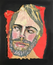 Man Beard Mustache Portrait Painting Red Quirky Primitive Naive Art Miz Katie