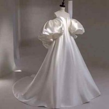 Elegant Satin Ball Wedding Dresses Off Shoulder A-line Pleated Bridal Gown Train