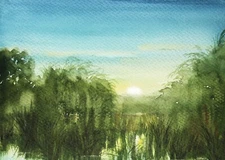 Sunrise Landscape Art Watercolor Original Painting Summer Lake River Trees