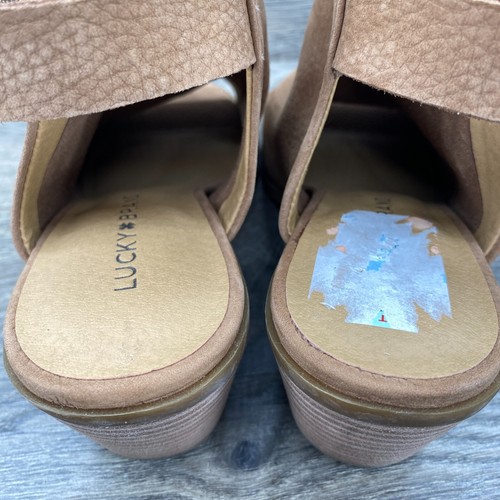 Lucky Brand Boho Sling Back Block Heel Bootie Shoes Women's Size 7 Tan Peep Toe - Picture 10 of 14