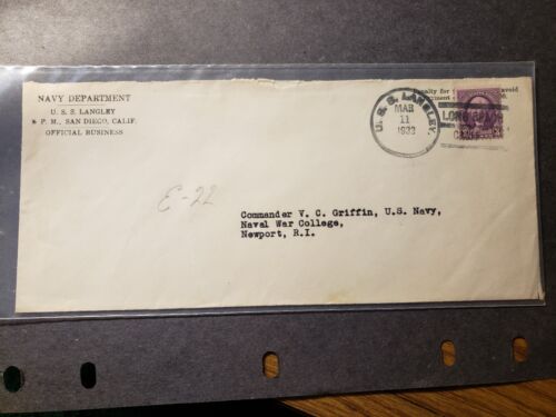 Aircraft Carrier USS LANGLEY CV-1 Official Naval Cover 1933 Long Beach, Calif - Picture 1 of 2
