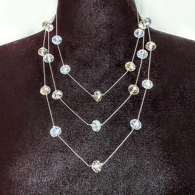 Vintage Art Deco Austrian Faceted Crystal Bead Multi Strand Silver Necklace 