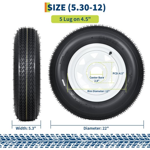 5.30-12 530-12 Trailer Tire and Wheel Assembly 5 Lug on 4.5" White Modular Wheel - Picture 3 of 8