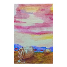 Tuscany 2 Sheaves Mountains Original painting Red roofs Handmade Wall Art