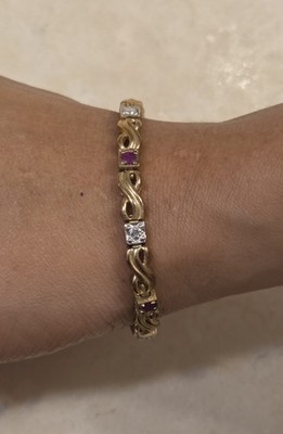 Vintage Ross Simons Sterling Silver & Lab Created Diamond & Ruby Tennis Bracelet